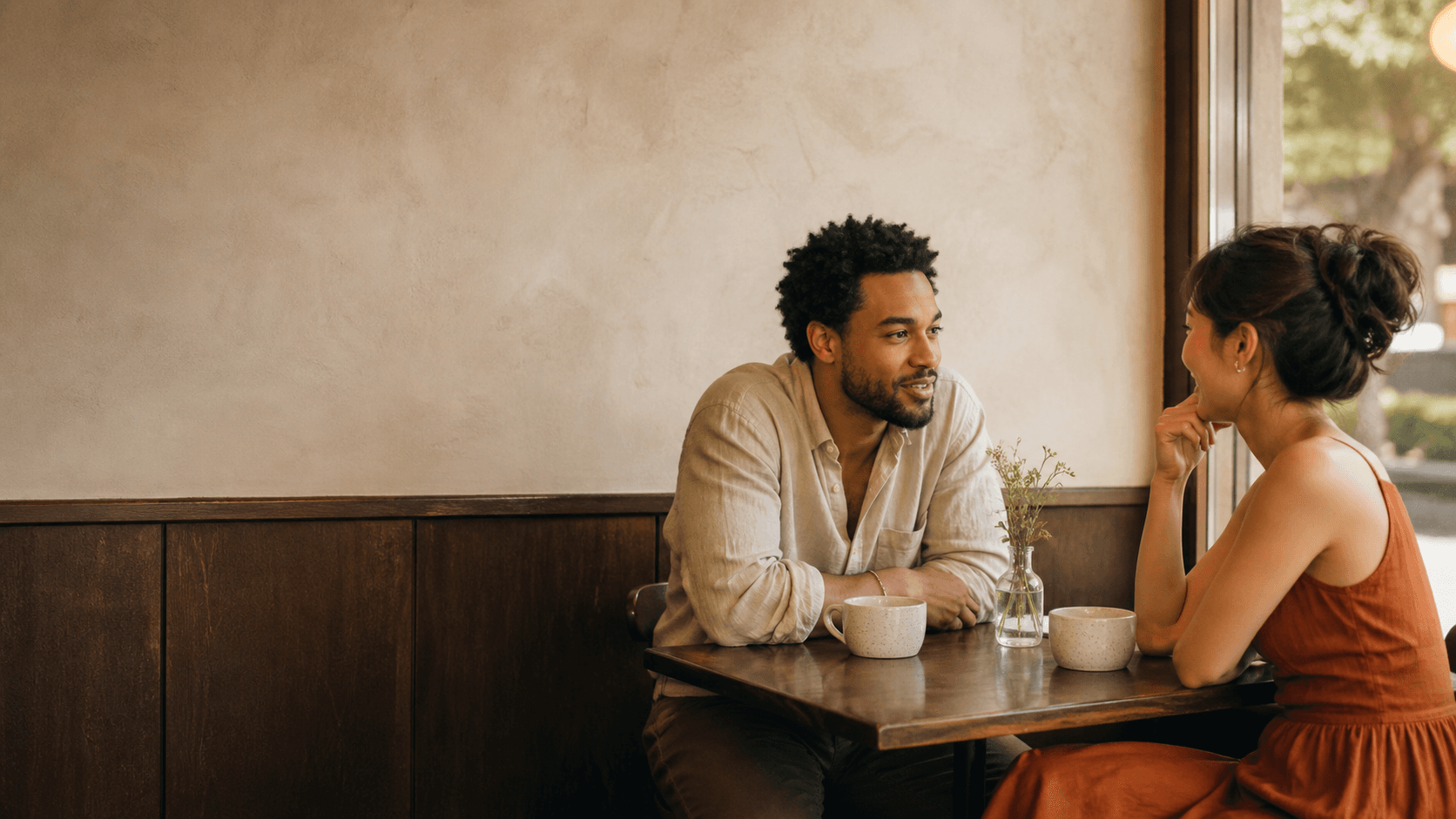 Two people sharing an intentional conversation over coffee