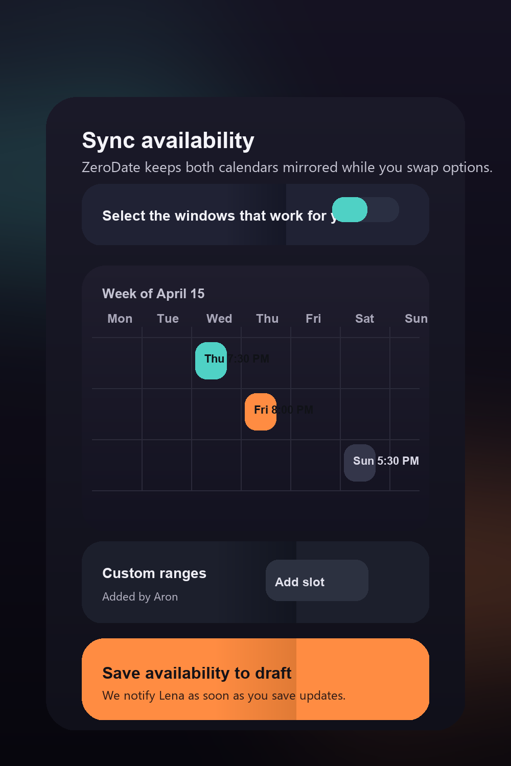 Availability picker that syncs calendars in real time.